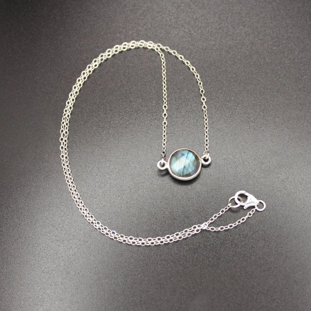925 Sterling Silver Bezel Set Faceted Labradorite Attached Pendant Necklace